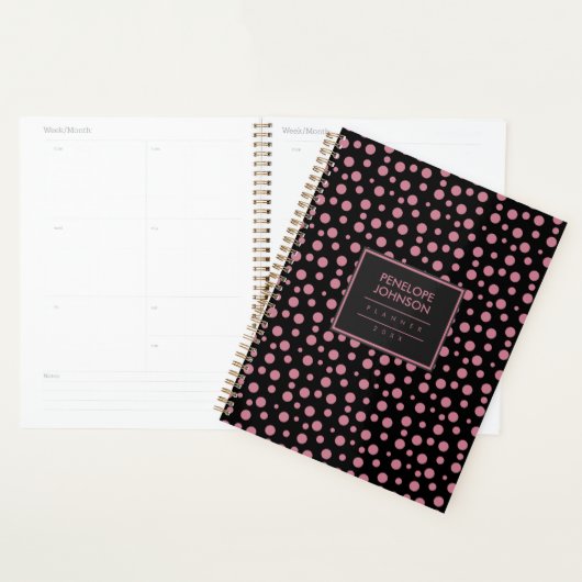 Stylish Blush Pink Black Polka Dot Pattern Planner (Display)