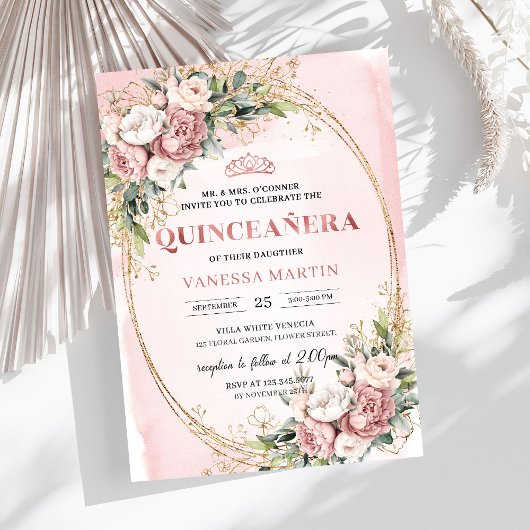 Stylish Blush Pink Floral Greenery Quinceañera  Kaart