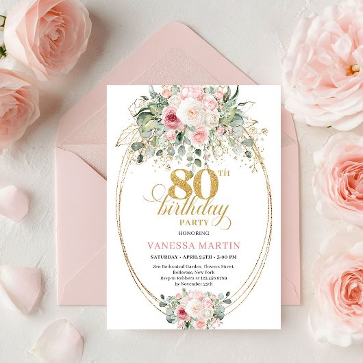 Stylish Bohemian Blush Floral Minimal 80 Birthday Kaart