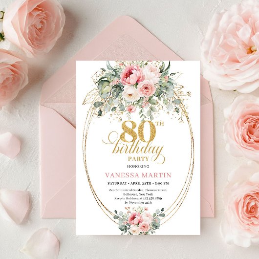Stylish Bohemian Blush Roses 80th Birthday Invite Kaart