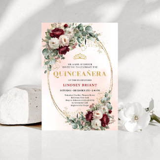 Stylish Bohemian Maroon Flowers Gold 15th Birthday Kaart