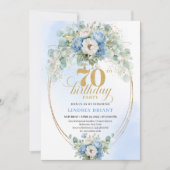 Stylish Boho Blue Gold Floral 70th Birthday Invite Kaart (Voorkant)