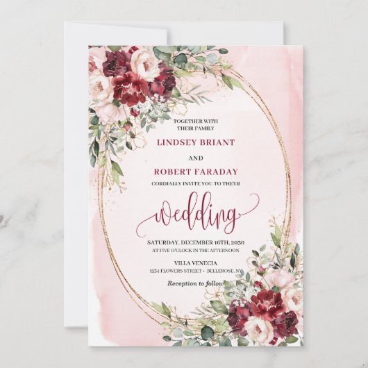 Stylish Boho Burgundy Blush Gold Floral Invitation Kaart (Voorkant)