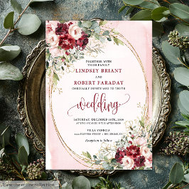 Stylish Boho Burgundy Blush Gold Floral Invitation Kaart