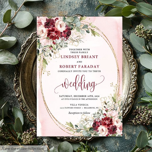 Stylish Boho Burgundy Blush Gold Floral Invitation Kaart