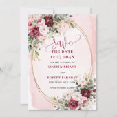 Stylish Boho Burgundy Blush Gold Floral Save date Kaart (Voorkant)