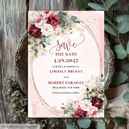Stylish Boho Burgundy Blush Gold Floral Save date Kaart