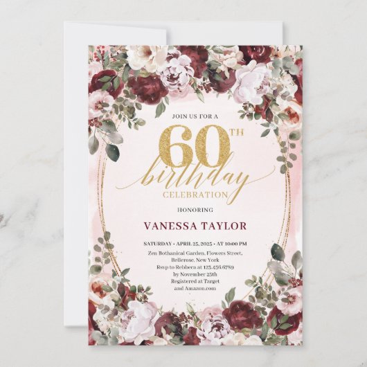 Stylish Boho Burgundy Floral 60th Birthday Invite Kaart (Voorkant)