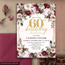 Stylish Boho Burgundy Floral 60th Birthday Invite Kaart