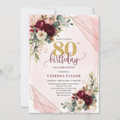 Stylish boho maroon gold roses 80th birthday   kaart (Voorkant)