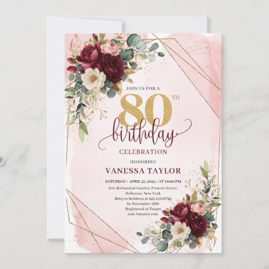 Stylish boho maroon gold roses 80th birthday   kaart (Voorkant)