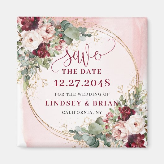 Stylish Boho Merlot Blush Gold Floral Save Date Magneet (Voorkant)