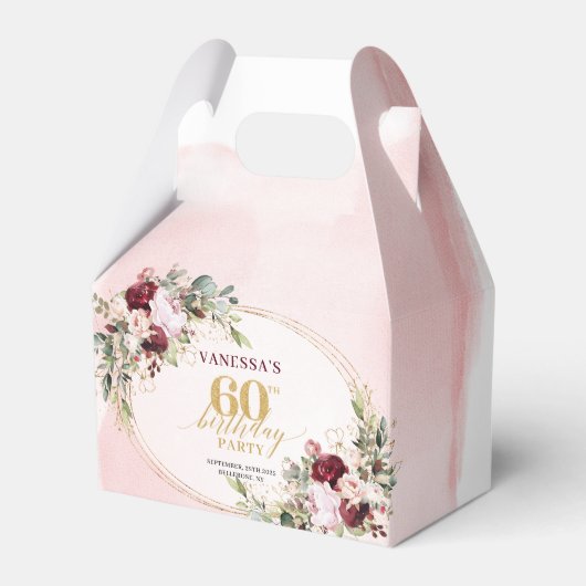 Stylish Boho Merlot Roses 60th Birthday Favor Box Bedankdoosjes (Voorkant Zijde)
