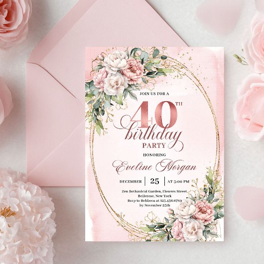 Stylish Boho Powder Pink Flowers 40th Birthday  Kaart