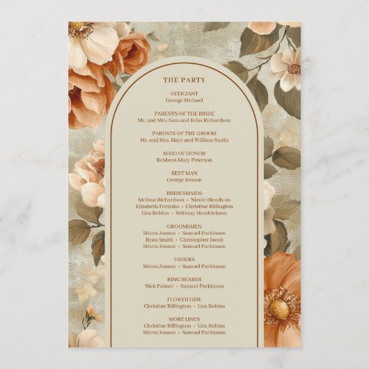 Stylish Boho Rusty Ivory Sage Floral Wedding Plan Programmakaart (Achterkant)
