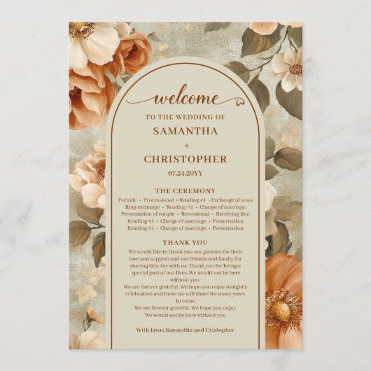Stylish Boho Rusty Ivory Sage Floral Wedding Plan Programmakaart (Voorkant)