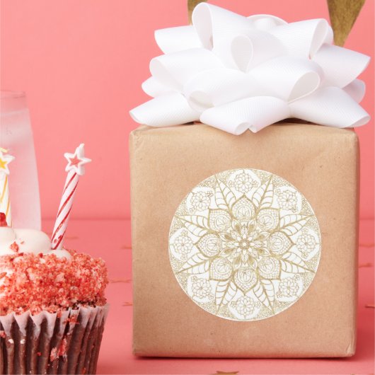 Stylish Boho White Gold Mandala Floral Ronde Sticker (Feest)