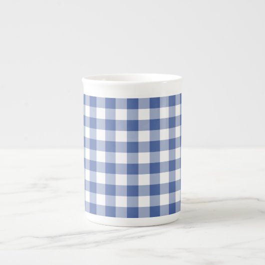 Stylish Bone China Mok, Dark Blue Check Gingham Porselein Kop (Voorkant)
