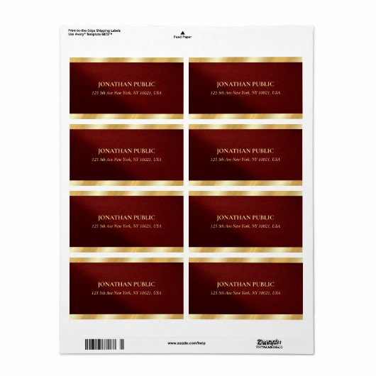 Stylish Bordeaux & Gold Text Template Shipping Etiket (Full Sheet)