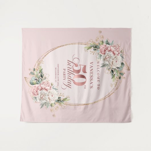 Stylish Botanical Blush 50th Birthday Backdrop Wandkleed (Voorkant (horizontaal))