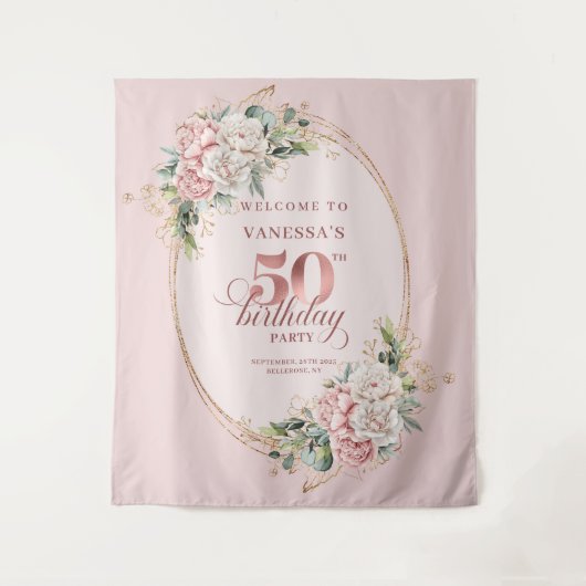Stylish Botanical Blush 50th Birthday Backdrop Wandkleed (Voorkant)