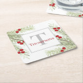 Stylish Botanical Watercolor Holiday Monogram Kartonnen Onderzetters (Schuin)