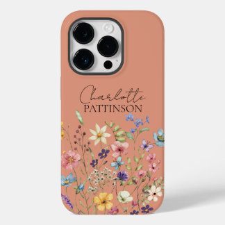 Stylish Botanical Wildflower  Monogram Peach Case-Mate iPhone 14 Pro Hoesje