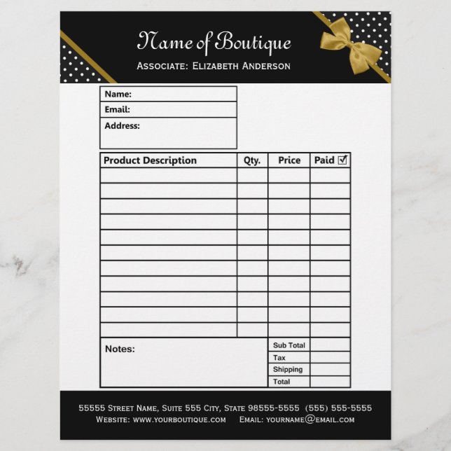 Stylish Boutique Polka Dots Gold Ribbon Order Form (Voorkant)
