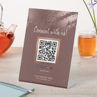 Stylish Bronze Business QR Code Social Media Reclamebord Met Voetstuk