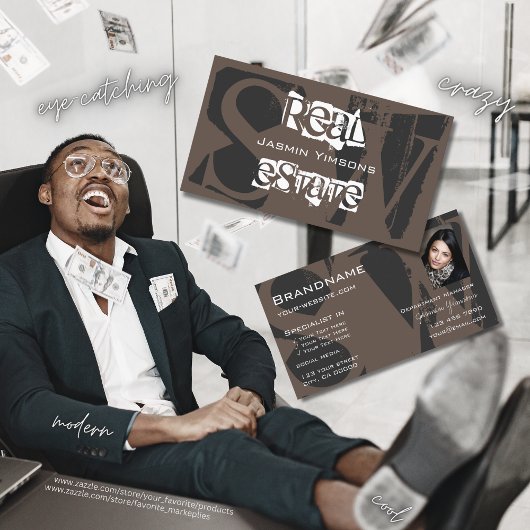 Stylish Brown Grey White met foto en monogram Visitekaartje