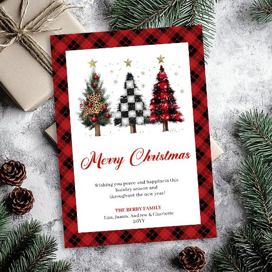 Stylish Buffalo Plaid Christmas Tree Editable Card Feestdagenkaart