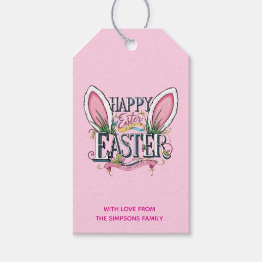 Stylish bunny ears pink Happy Easter Cadeaulabel (Voorkant)