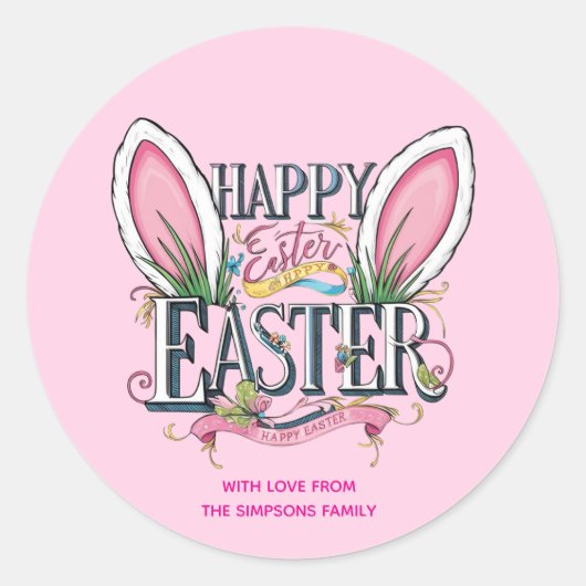 Stylish bunny ears pink Happy Easter Ronde Sticker (Voorkant)