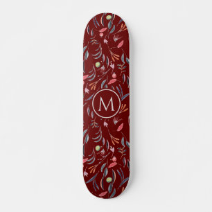 Stylish Burgundy Floral Waterverf MONOGRAM Persoonlijk Skateboard