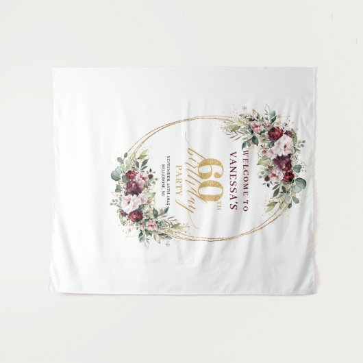 Stylish Burgundy Gold Eucalyptus 60th Birthday  Wandkleed (Voorkant (horizontaal))