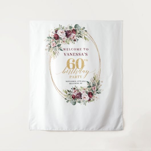 Stylish Burgundy Gold Eucalyptus 60th Birthday  Wandkleed (Voorkant)