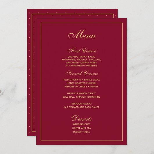 Stylish Burgundy Gold Script Weduwmenu Menu (Voorkant / Achterkant)