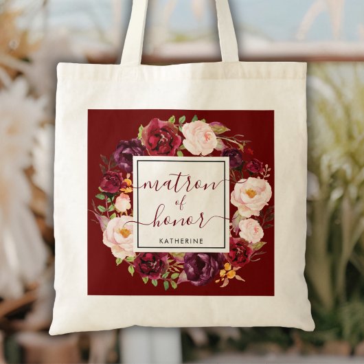 Stylish Burgundy Matron of Honor Wedding Canvas ta Tote Bag
