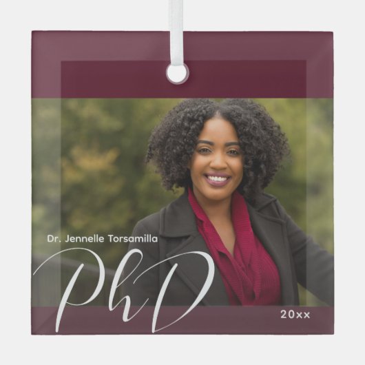 Stylish Burgundy Photo PhD Afstuderen Glas Ornament (Voorkant)