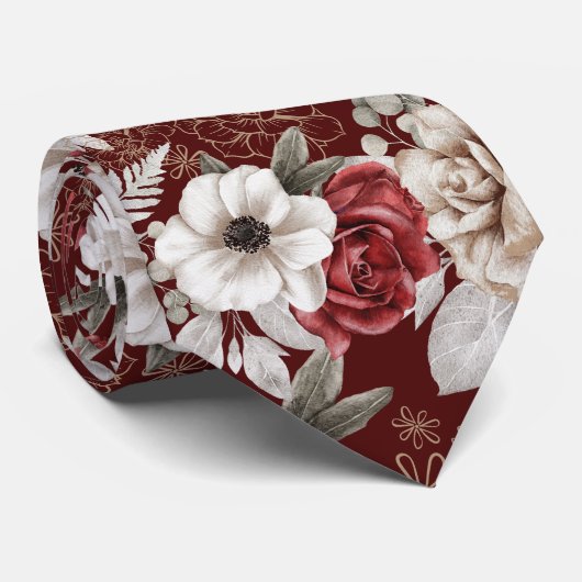 Stylish Burgundy Roos Floral Pattern Stropdas (Opgerold)
