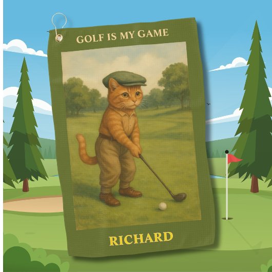 Stylish Cat Playing Golf Personalized Golfhanddoek