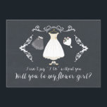 Stylish Chalkboard zal je mijn Bloemenmeisje Kaart<br><div class="desc">De hedendaagse kaart "Will you be my flower girl" met een trouwjurk,  sluier,  bloemen en schoenen met een  handgeschreven lettertype op een moderne zwarte achtergrond.</div>