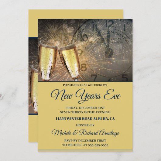 Stylish Champagne en Clock New Years Uitnodiging (Voorkant / Achterkant)