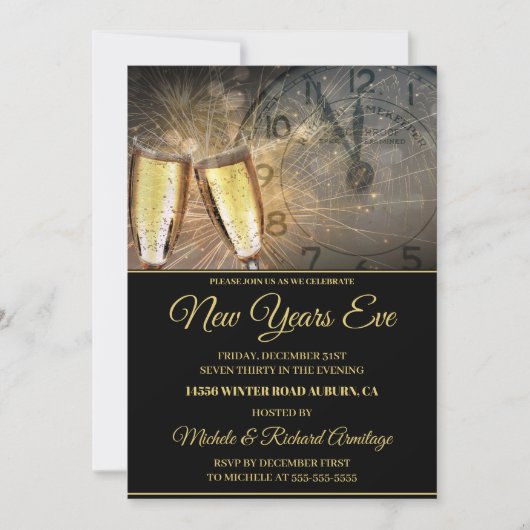 Stylish Champagne en Clock New Years Uitnodiging (Voorkant)