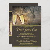 Stylish Champagne en Clock New Years Uitnodiging (Voorkant / Achterkant)