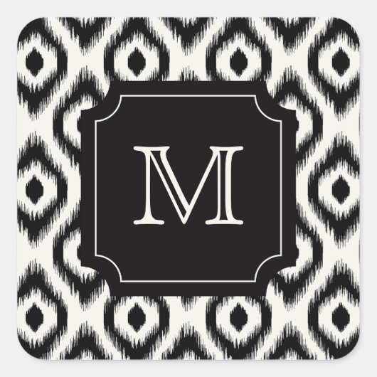 Stylish Chic Black Ivory Diamond Ikat Monogram Vierkante Sticker (Voorkant)