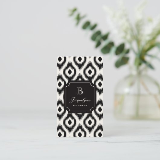 Stylish Chic Black Ivory Diamond Ikat Monogram Visitekaartje (Staand voorkant)