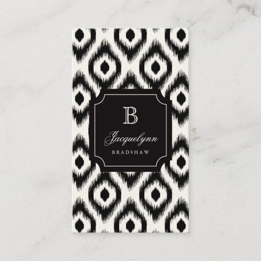 Stylish Chic Black Ivory Diamond Ikat Monogram Visitekaartje (Voorkant)