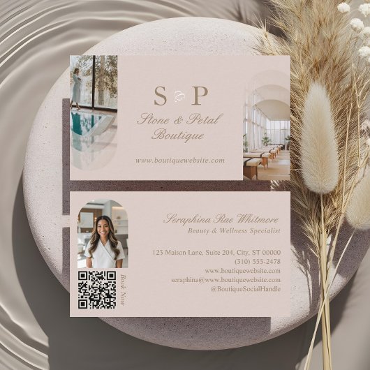 Stylish Chic Elegant Arch Photos Monogram QR Code Visitekaartje
