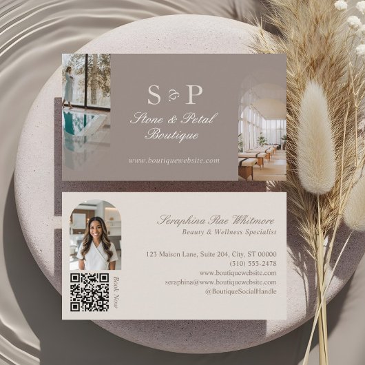 Stylish Chic Elegant Arch Photos Monogram QR Code Visitekaartje